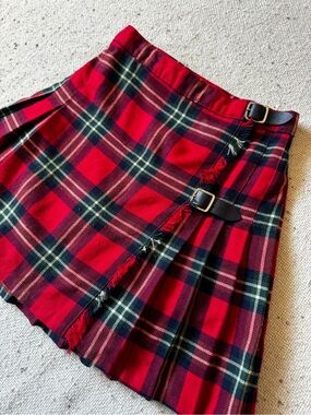 Marks & Spencer Girls Age 10 Red Tartan Kilt Skirt Wool Blend Made in UK